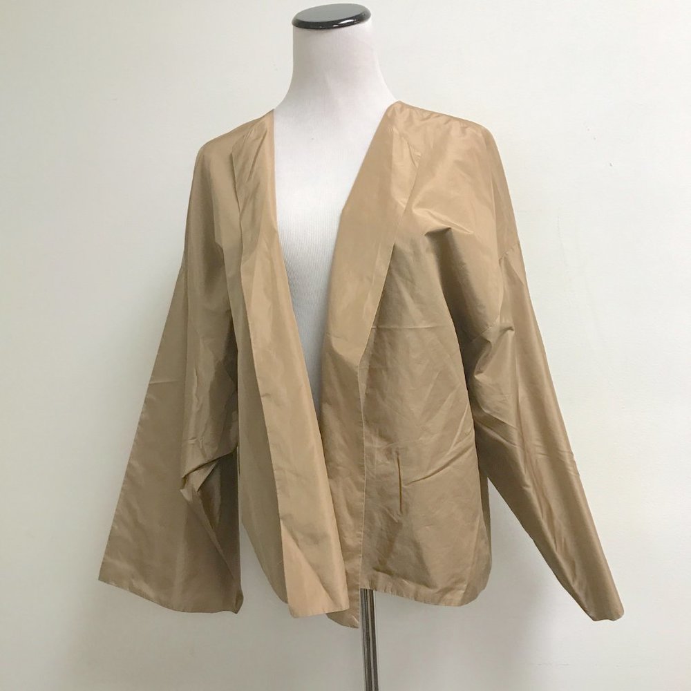 MICHAEL KORS BERGDORF GOODMAN tan 100% silk open jacket made in USA minimalist S